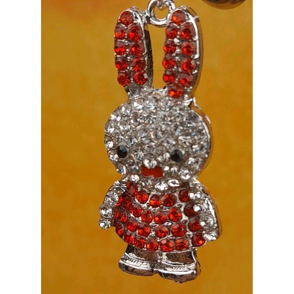Bunny Rabbit Silver Toned Red Rhinestones Purse Charm/Keychain By Fashion Jewelr